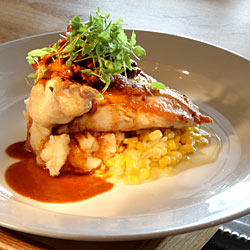 The free-range organic chicken with a root vegetable purée of celeriac and potato.